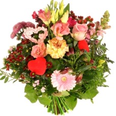 Romantic flowers pink - red (Romantic bouquet with romantic heart and red hearts)